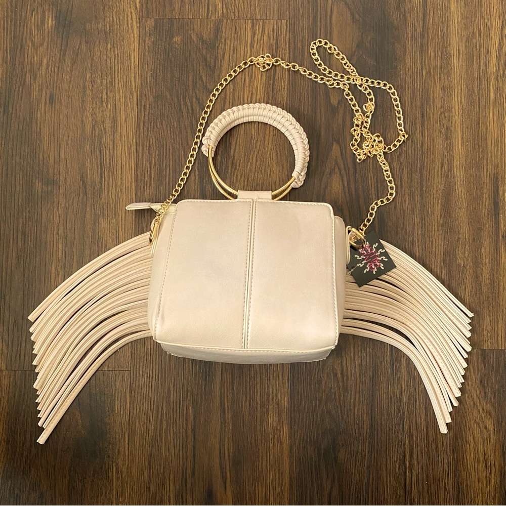 Olivia Miller Vegan Leather Fringe Bone Color Bag with Crossbody Gold Chain